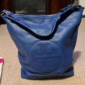 Large Blue Tory Burch Pebble Leather Shoulder Bag